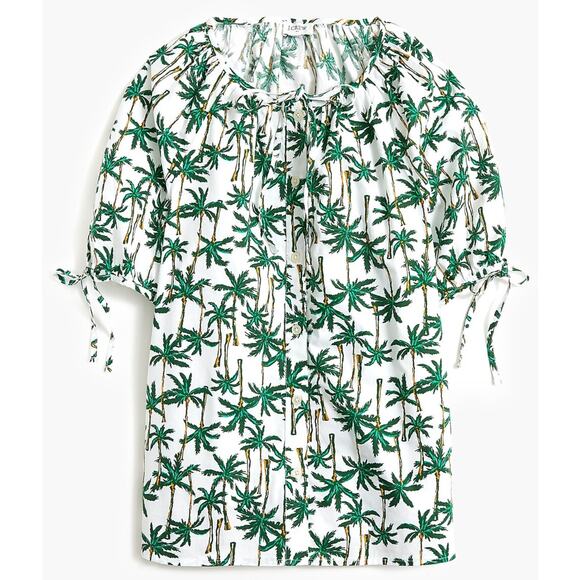 J. Crew Poplin Button Front Palm Tree Short sleeve Bow Tie Top Size‎ Large - Picture 1 of 10